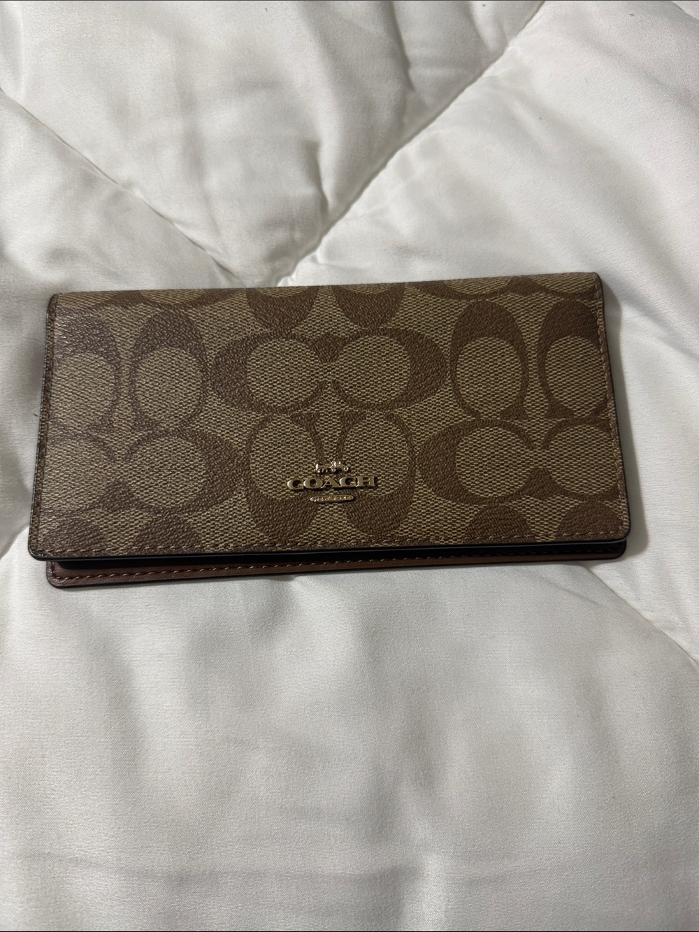Coach Brown Signature Canvas Long Wallet with Logo Plaque